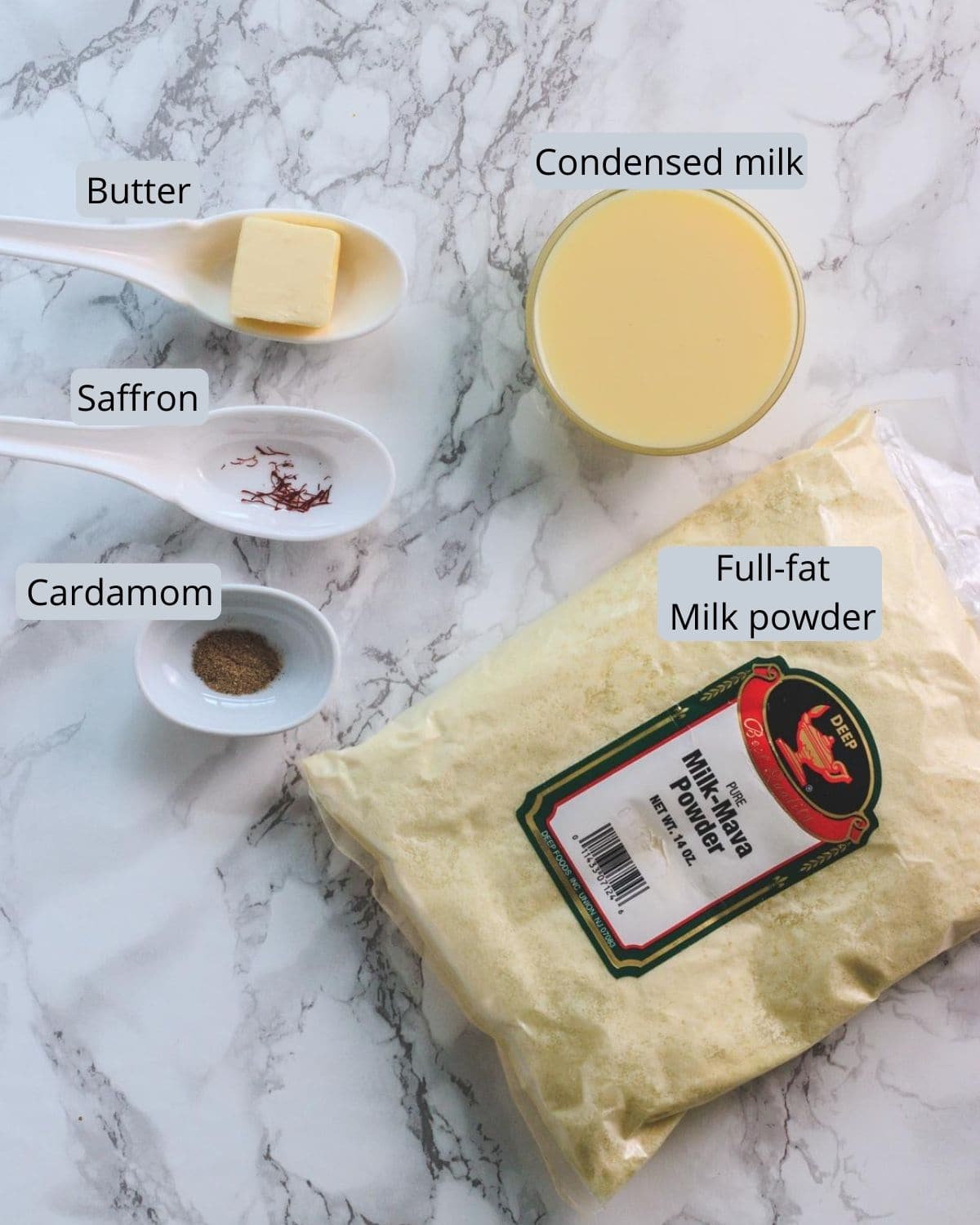 ingredients used in peda includes condensed milk, milk powder, butter, saffron, cardamom