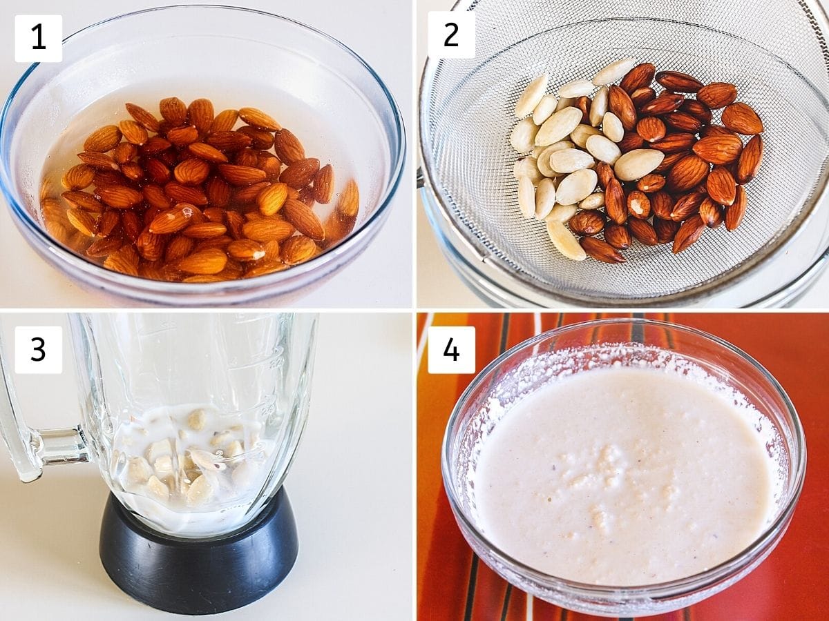 Collage of 4 images showing, blanching almonds, peeling almonds, in the blender with milk, ground paste