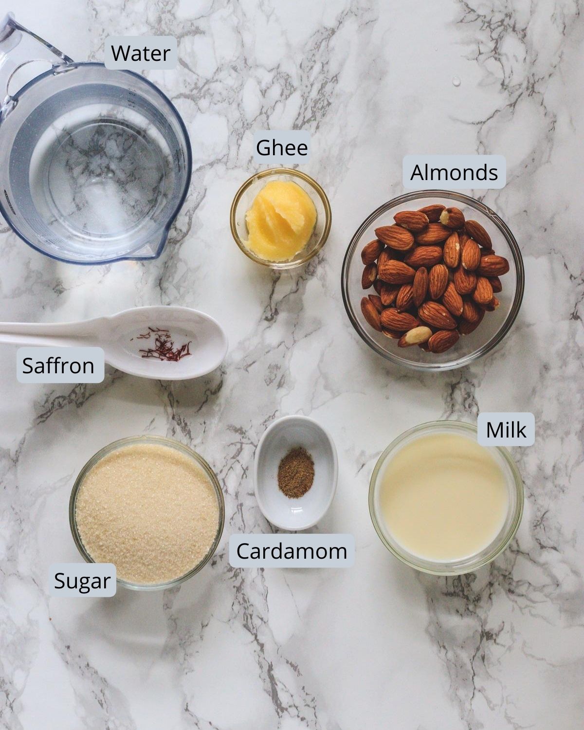 Ingredients used in almond halwa includes almonds, sugar, milk, ghee, saffron, cardamom, water.