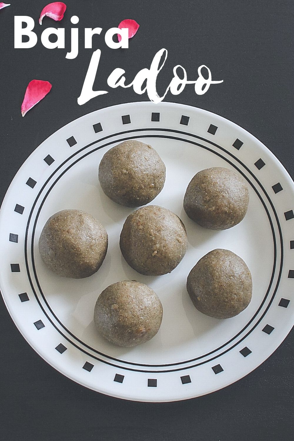 6 bajra ladoo on a plate with text 'bajra ladoo' for pinterest