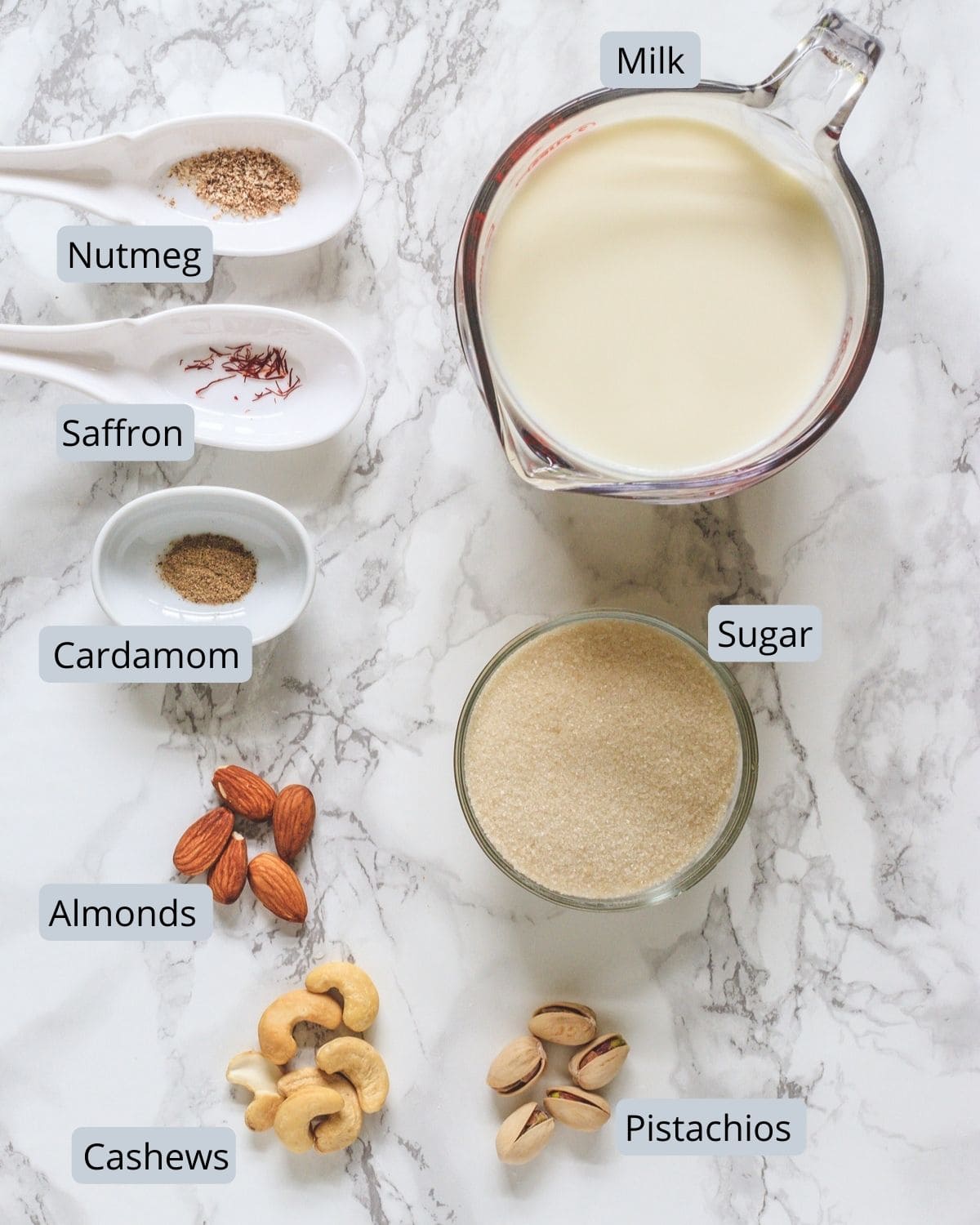 Image of ingredients used in basundi includes milk, sugar, saffron, cardamom, nutmeg and nuts