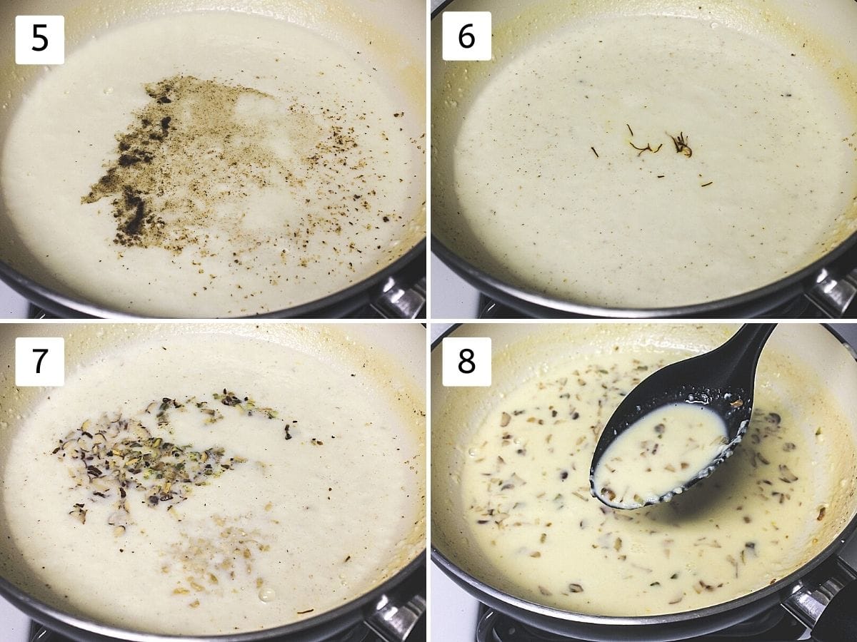 Collage of 4 images showing adding cardamom, saffron, chopped nuts and ladleful of basundi ready to serve