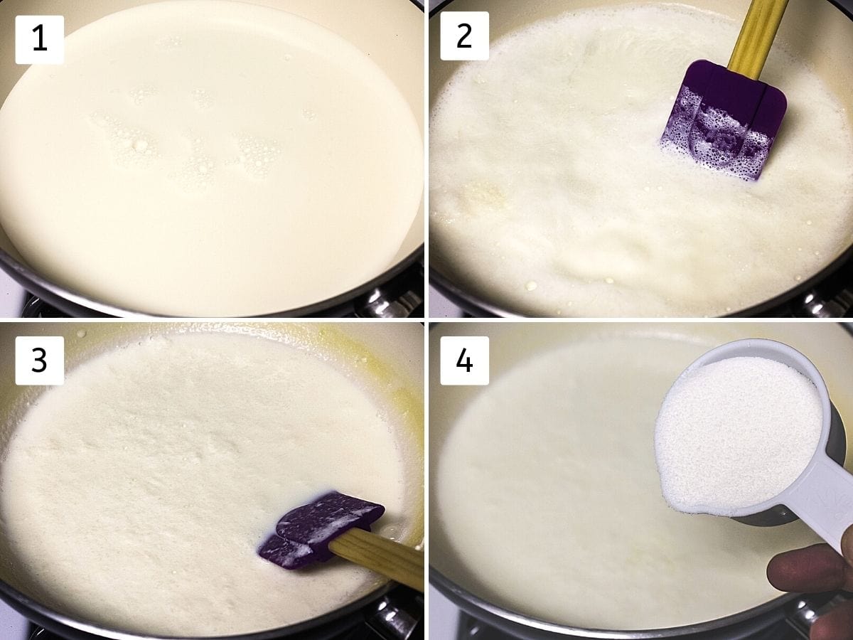 Collage of 4 steps showing milk in a pan, stirring with spatula, cooked till half, adding sugar.