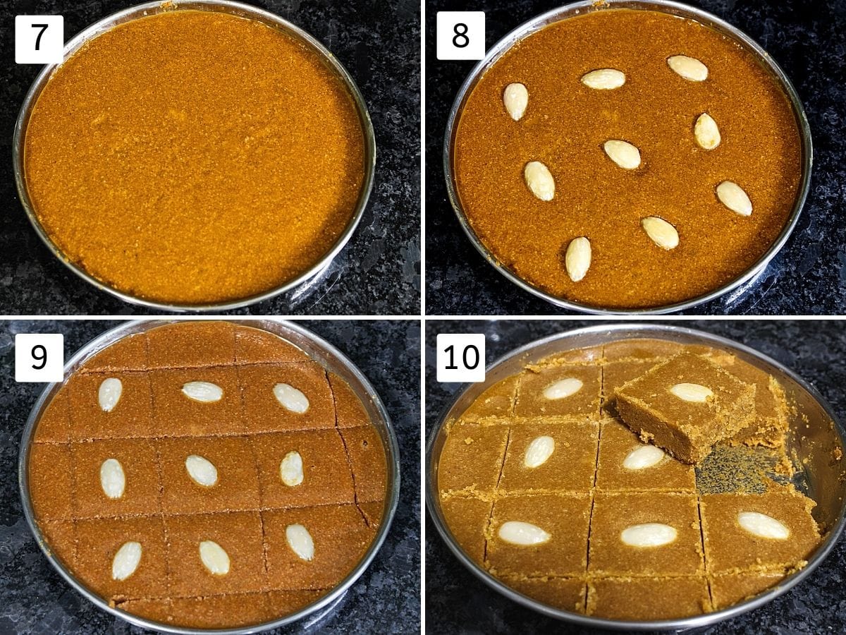 Collage of 4 steps showing barfi mixture in a tray, garnished with almonds, indentation made and set burfi with one piece removed