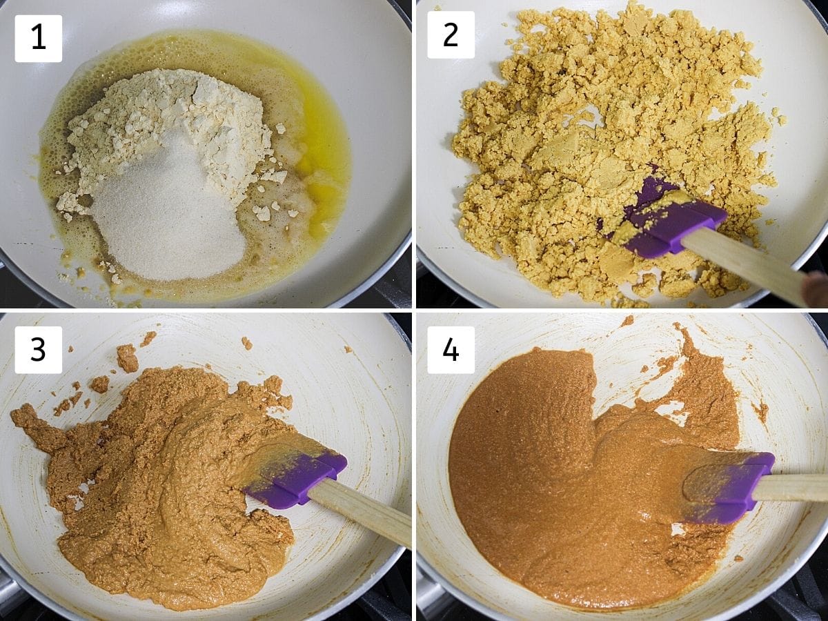 collage of 4 steps showing adding flour to ghee, mixing, roasting with spatula and roasted besan