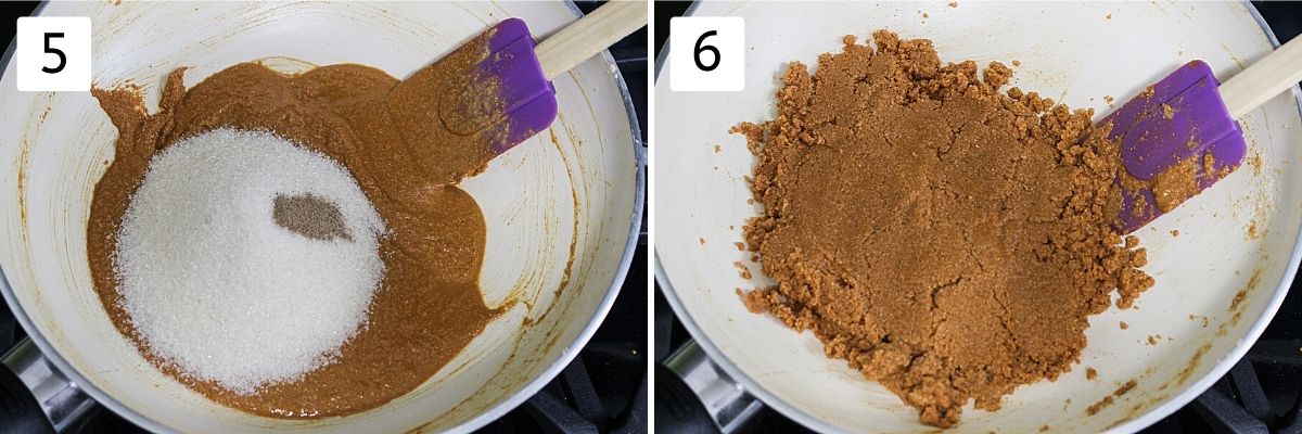 collage of 2 steps showing adding sugar & cardamom, mixed besan barfi mixture