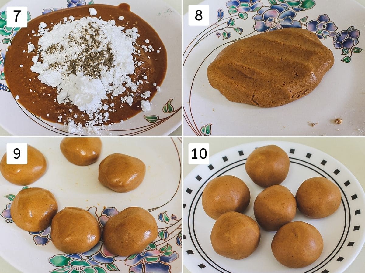 Collage of 4 images showing adding sugar, cardamom to roasted besan, mixing, shaping in ladoo.