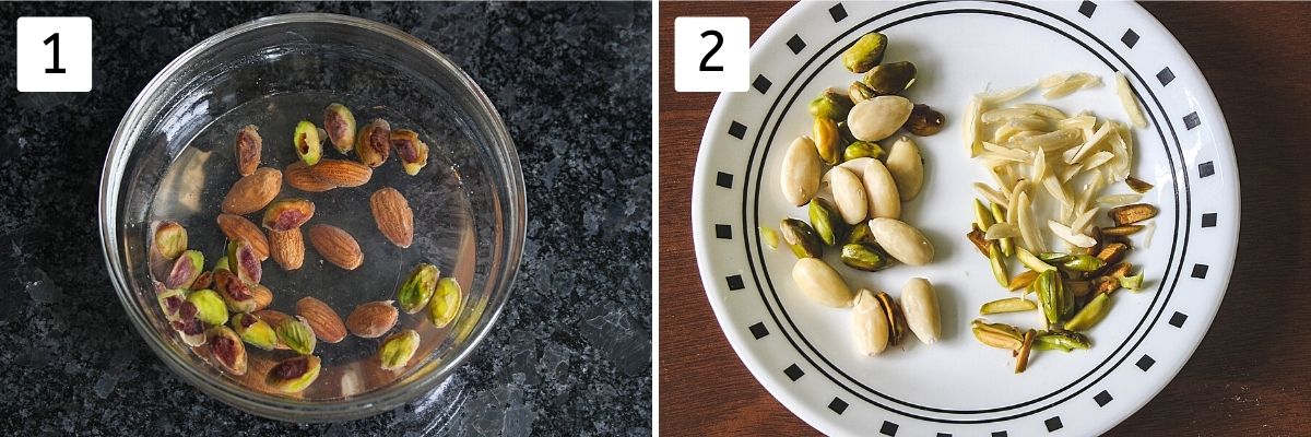 Collage of 2 images showing almonds, pistachios in hot water and peel, sliced nuts in a plate