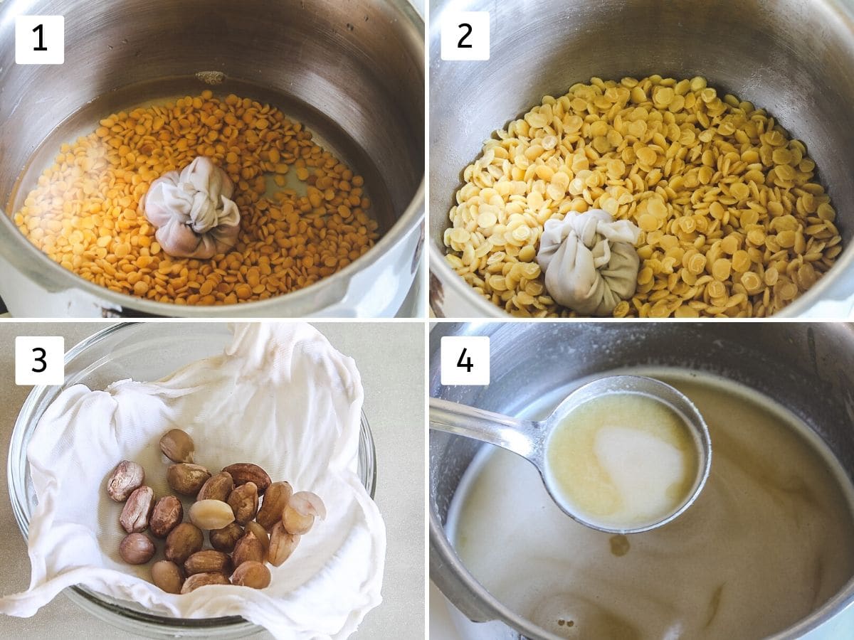 Collage of 4 images showing dal in cooker, boiled dal, boiled peanuts. blended boiled dal till smooth