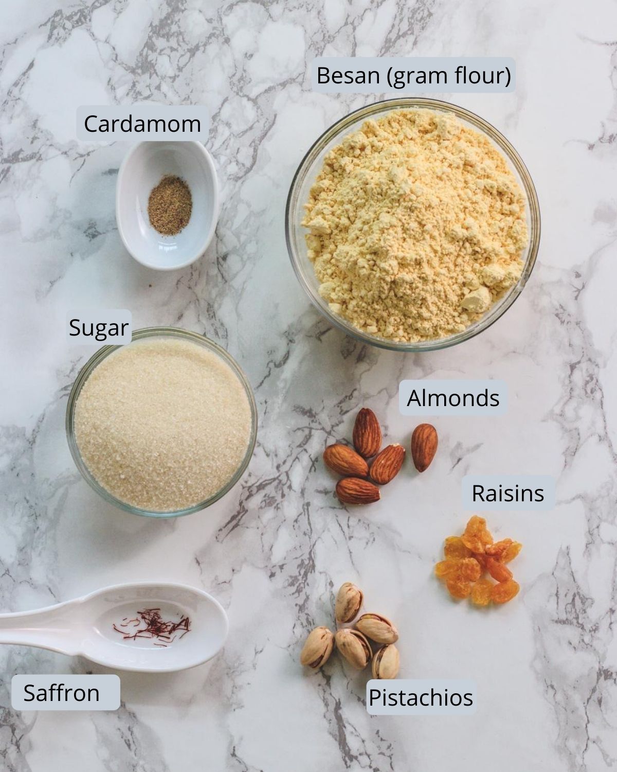 Image of ingredients for boondi ladoo includes besan, sugar, cardamom, saffron, almonds, pistachios, raisins