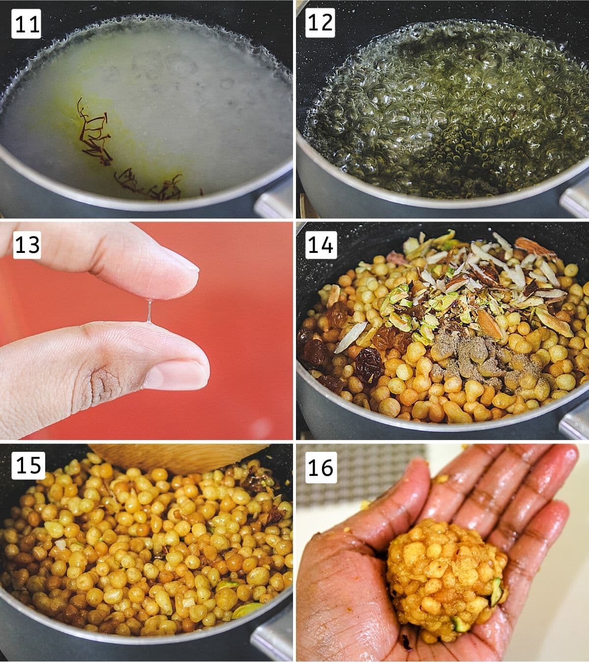 Collage of 6 images showing saffron in sugar syrup, boiling syrups, 1-thread consistency, adding boondi, nuts to syrup, mixing and shaping