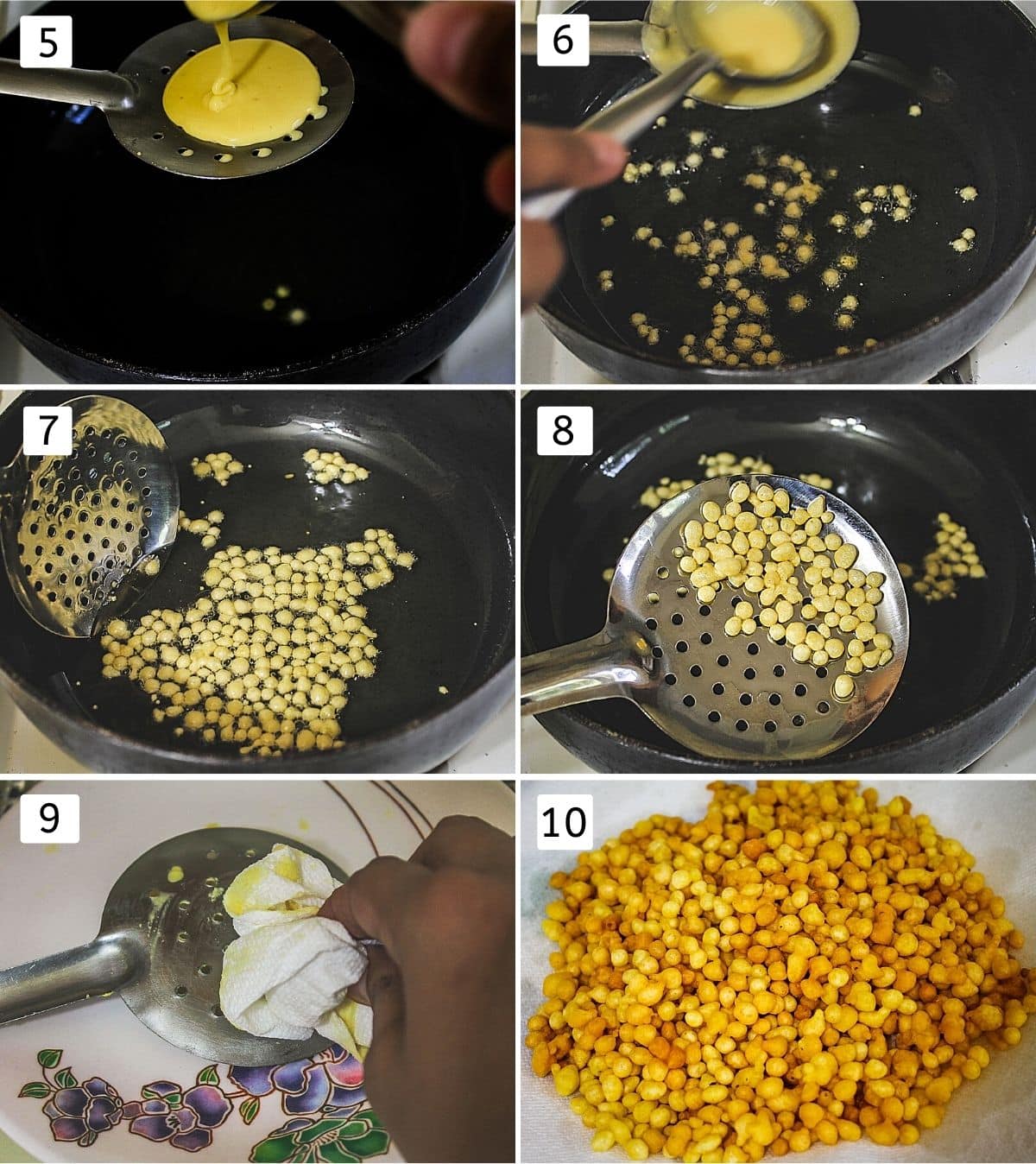 Collage of 6 images showing making boondi into oil, frying, cleaning ladle and all fried boondi on plate