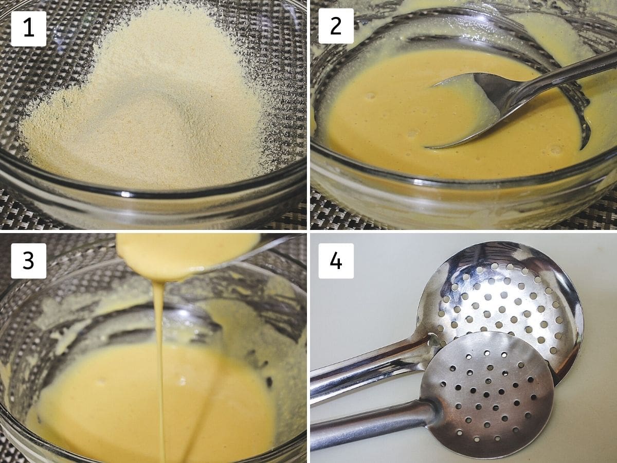 Collage of 4 images showing besan in a bowl, batter, dropping consistency with spoon, 2 different perforated ladles.