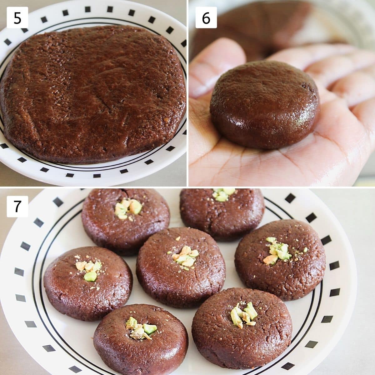 Collage of 3 images showing peda mixture in a plate, shaping peda using palm, 7 shaped chocolate peda on a plate
