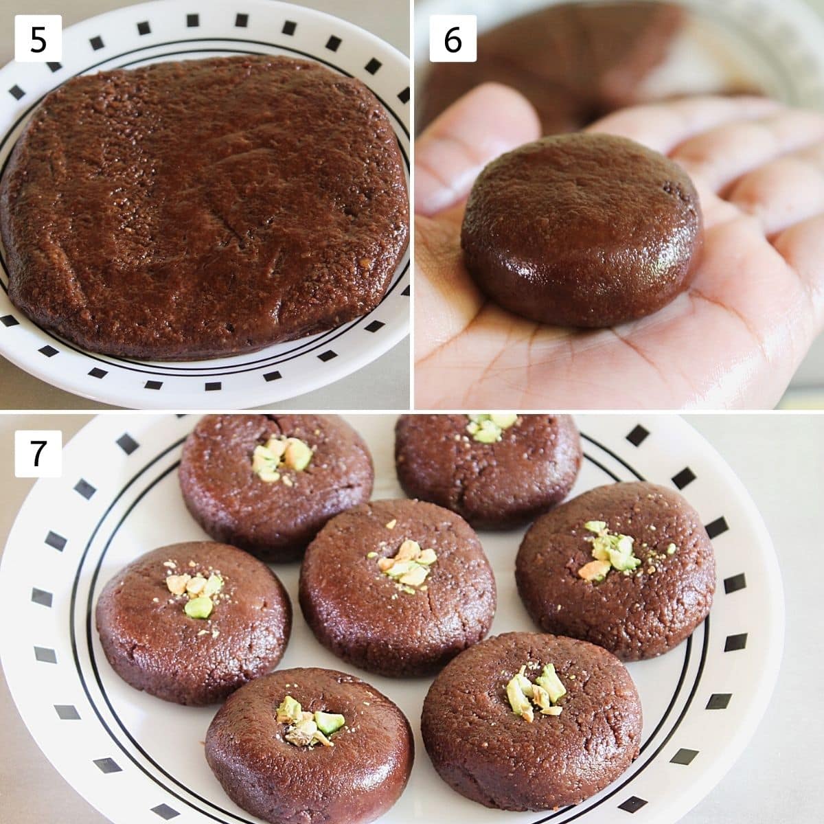 Collage of 3 images showing peda mixture in a plate, shaping peda using palm, 7 shaped chocolate peda on a plate