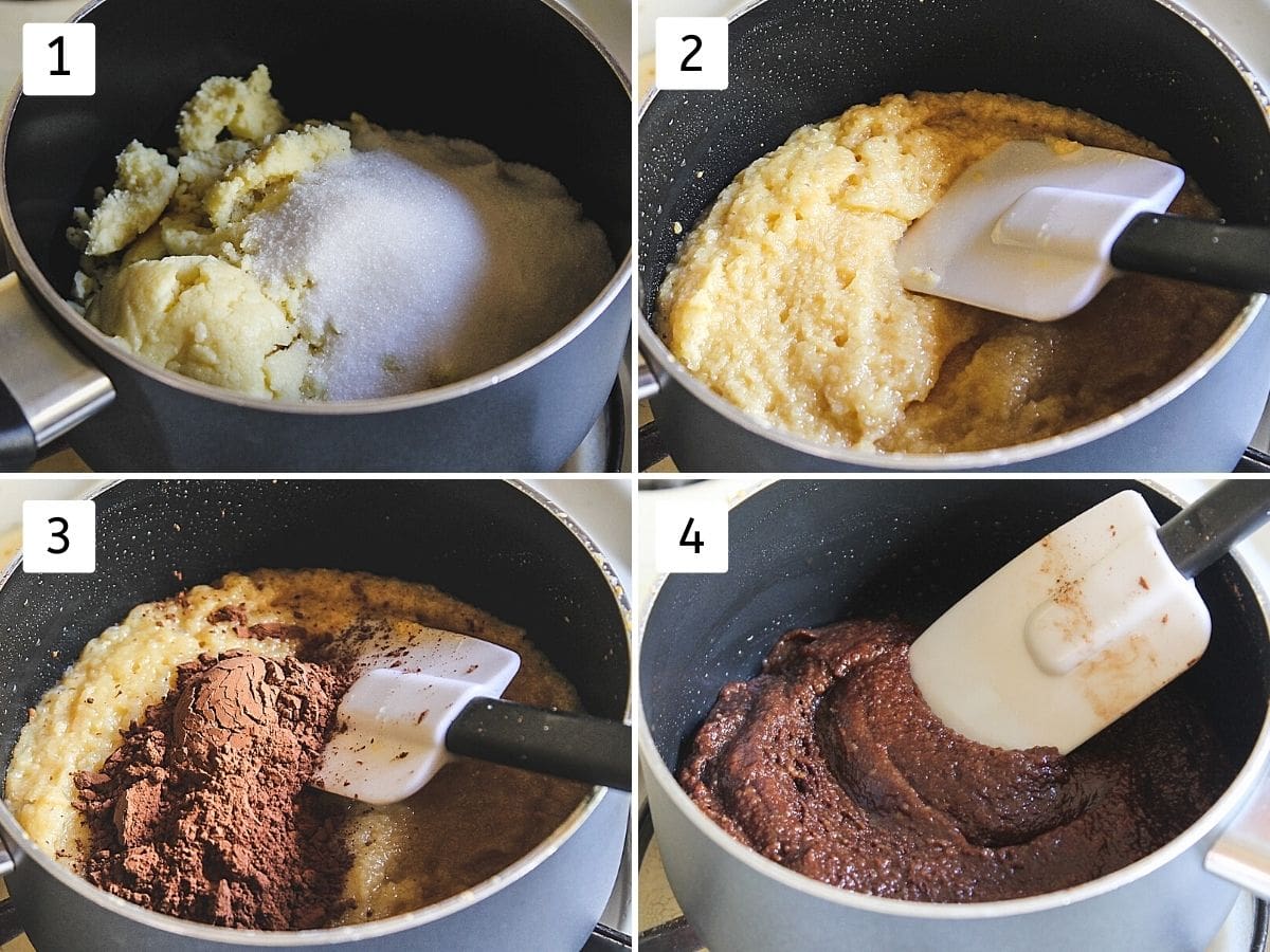 Collage of 4 images showing khoya-sugar in a pan, thick, cooked mixture, added coco powder, peda mixture ready