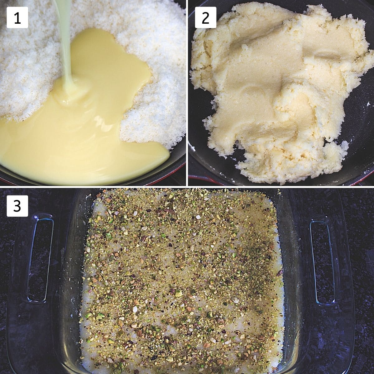 collage of 3 images showing coconut, condensed milk in a pan, cooking mixture, spread in greased pan