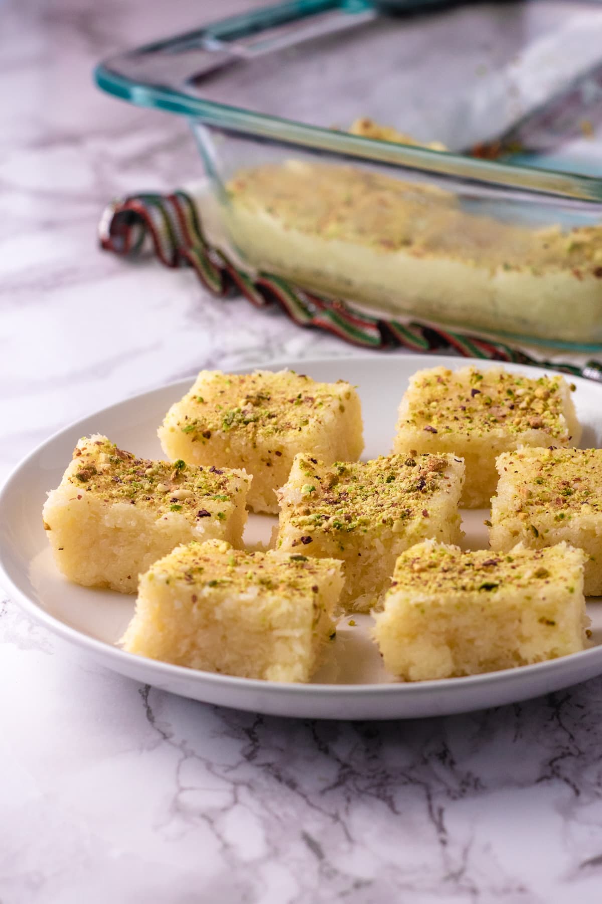 close up of coconut burfi pieces.