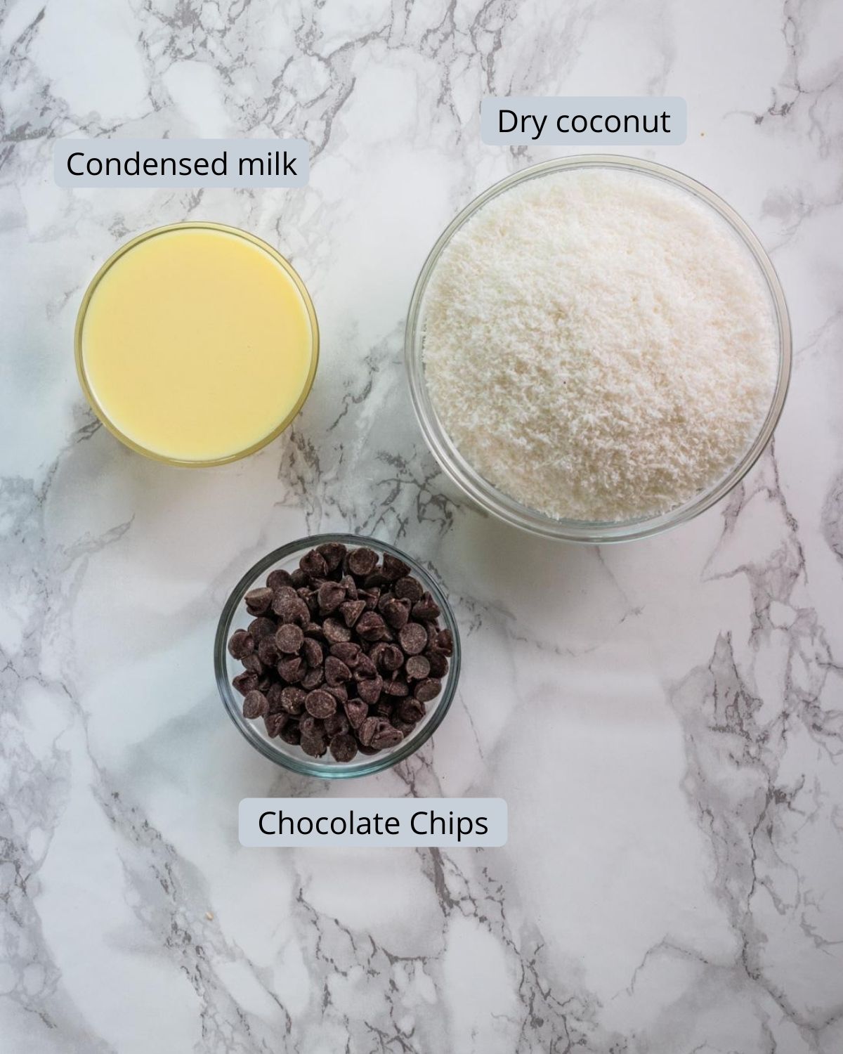 Image of ingredients used in coconut modak. Shows condensed milk, chocolate chips, coconut