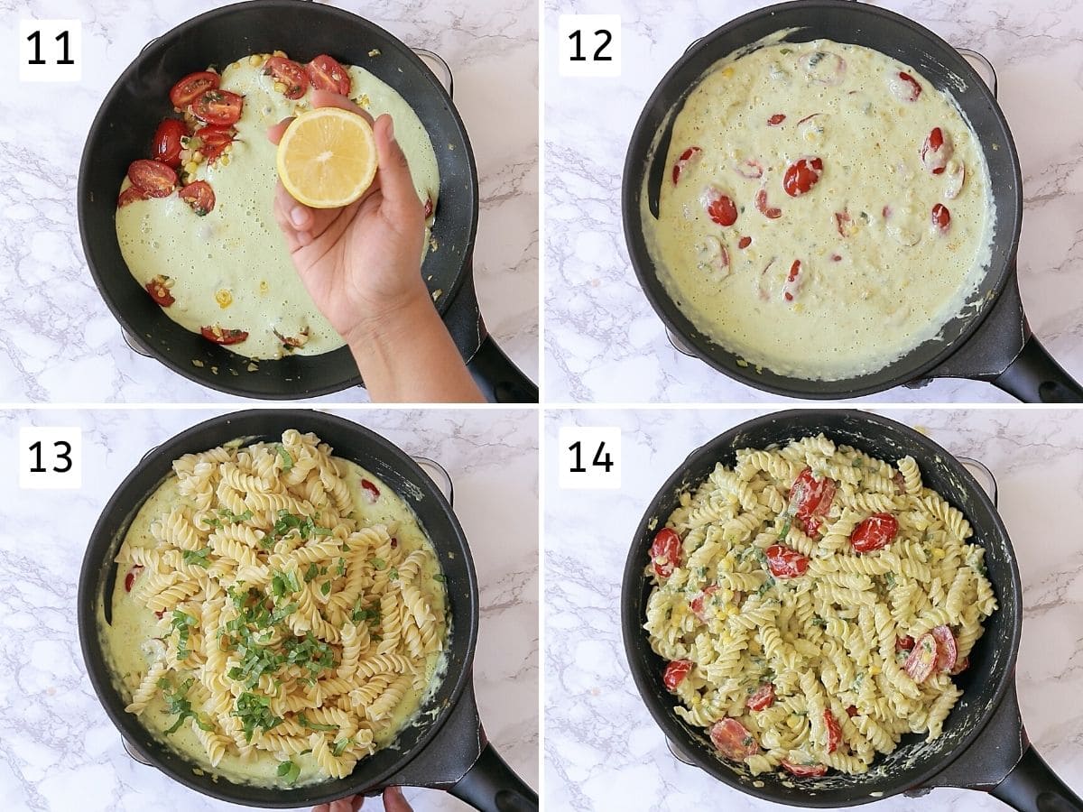 Collage of 4 images showing squeezing lemon into the sauce, simmering sauce, adding pasta, basil and tossing