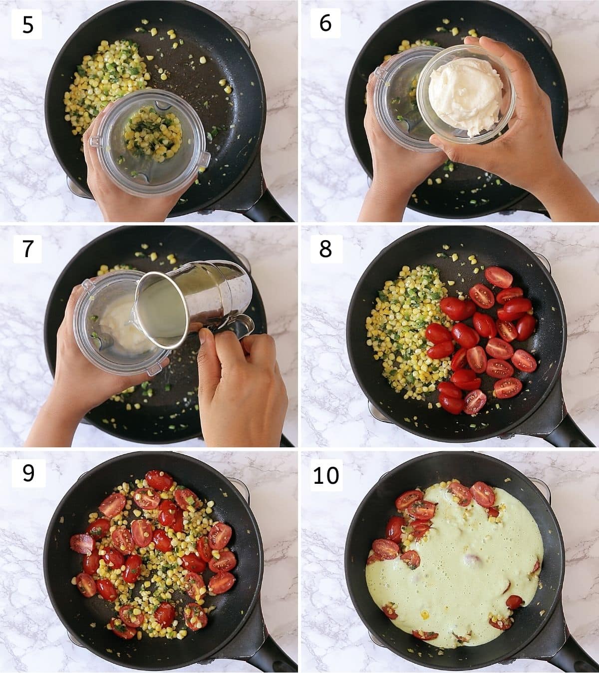 Collage of 6 images showing cooked corn in grinder jar, adding ricotta, pasta water, tomatoes in the pan, cooked, sauce in the pan