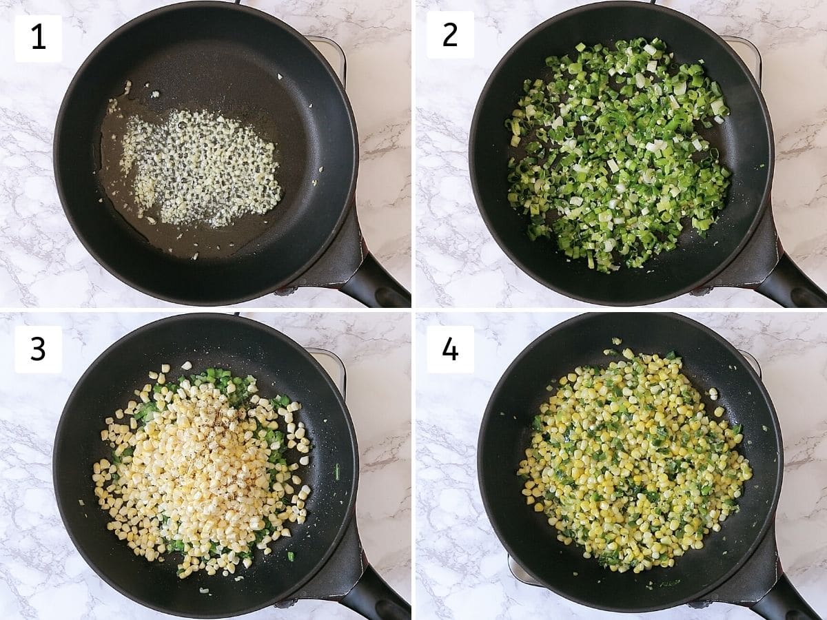 Collage of 4 images showing sauteing garlic, scallions, corn with salt n pepper and cooked corn mixture