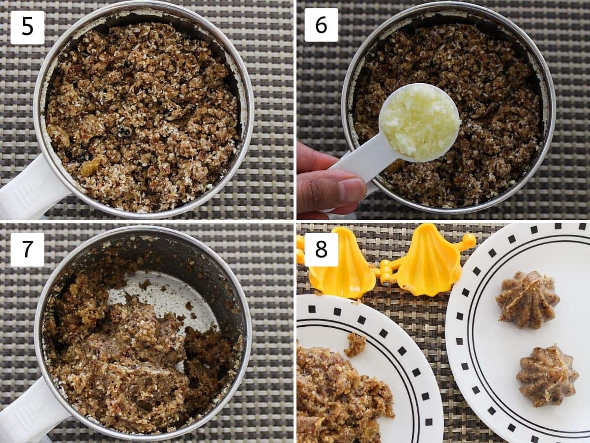 Collage of 4 steps showing coarse mixture, adding ghee, dough like mixture and shaping modak