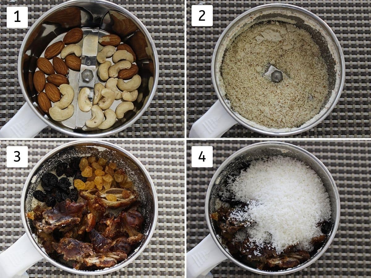 Collage of 4 pics. Showing almonds, cashews in a ginder, powdered, added dates, raisins and coconut.