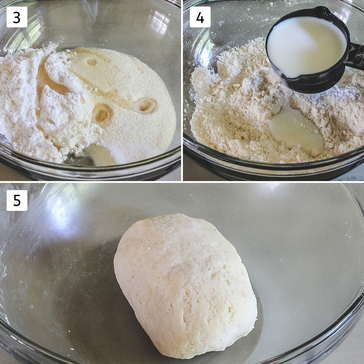 collage of 3 images making dough shows flour, salt, oil in a bowl, mixing, adding milk and kneading the dough.