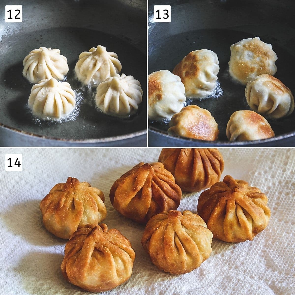 Collage of 3 images showing modaks added to oil, moved for even browning and ready fried modak on a plate