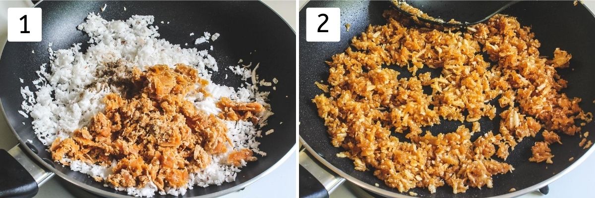 Collage of 2 steps of making stuffing. Shows coconut, jaggery in a pan and cooked stuffing mixture