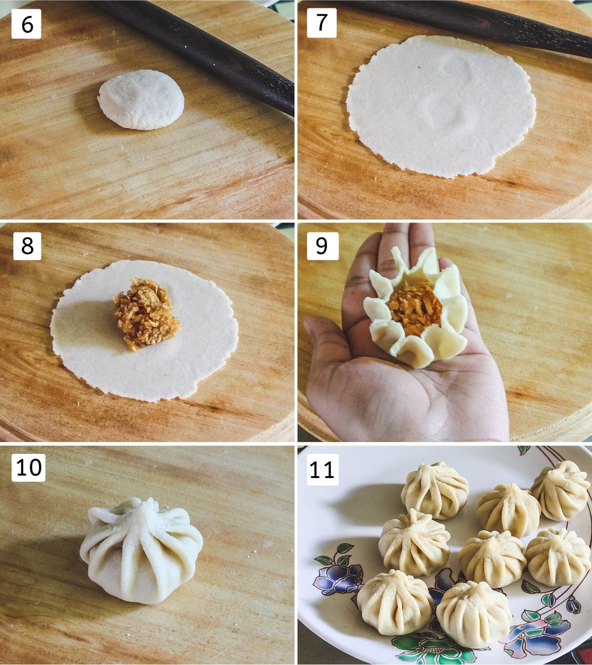 collage of 6 steps showing flattened dough ball, rolled, stuffed, pleated, sealed and all shaped modak on a plate