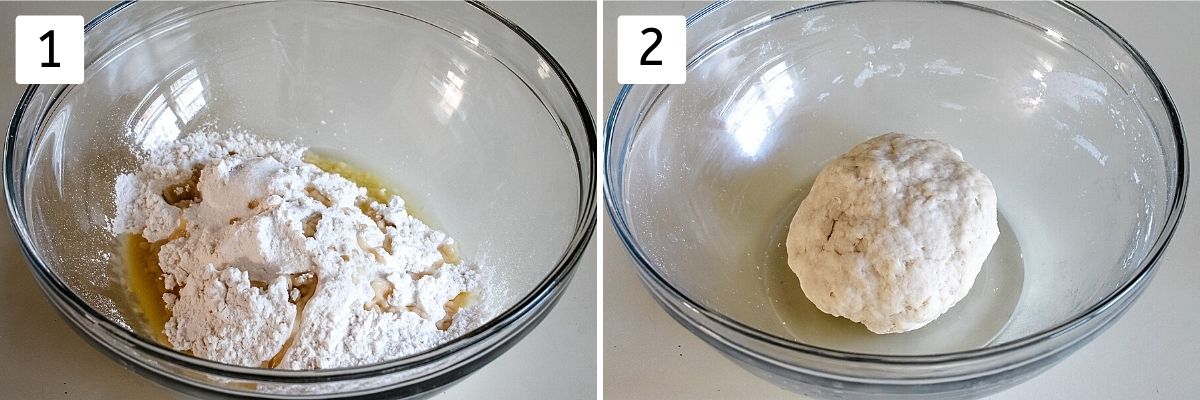 collage of 2 steps making dough. Shows dough ingredients in a bowl and dough ball in a bowl