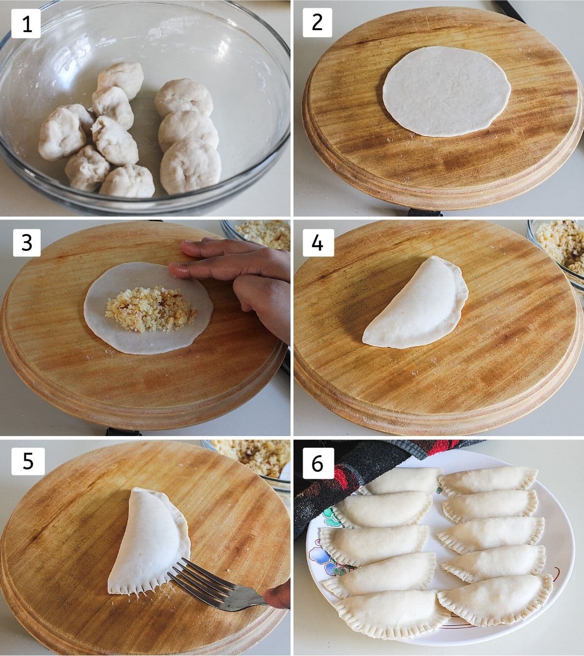 Collage of 6 steps showing small dough discs, rolled disc, stuffing in the center, shaped in half-circle, sealing with fork, all shaped gujia in a plate