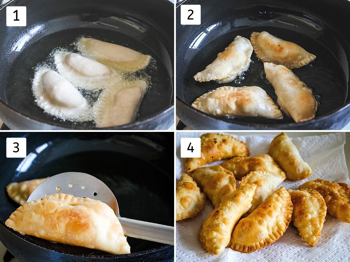 collage of 4 steps showing gujia into the oil, slightly browned, removing the fried gujia and fried ones in a plate