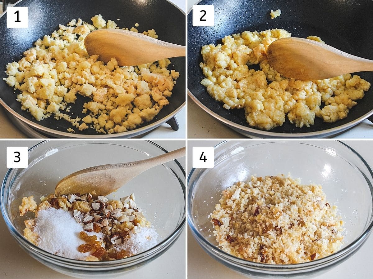 collage of 4 steps showing cooking khoya, becomes light brown, adding rest of the stuffing things in a bowl, mixing the stuffing