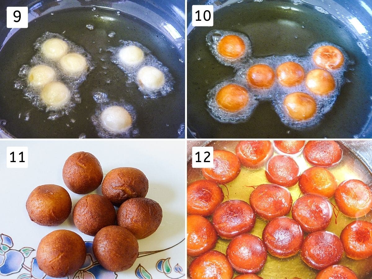 collage of 4 steps showing balls into oil, frying, fried jamun balls on a plate, added into the syrup.