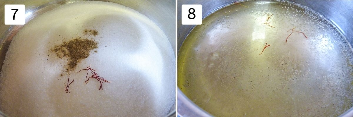 collage of 2 steps making syrup showing sugar, cardamom , saffron in a saucepan, simmering syrup.