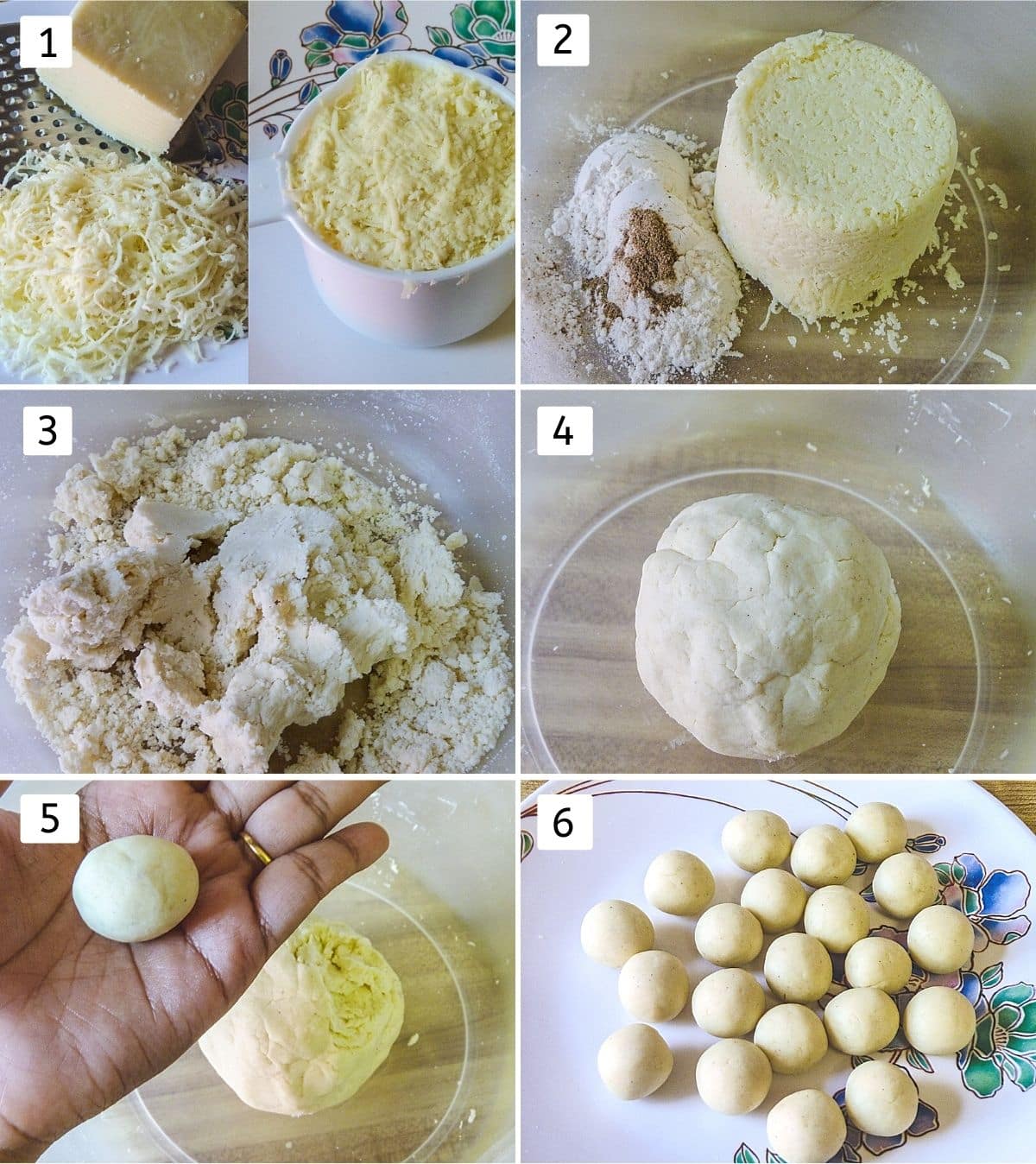 Collage of 6 steps showing grated khoya, added to the bowl with flour, mixed, made into dough, shaping ball, jamuns in a plate