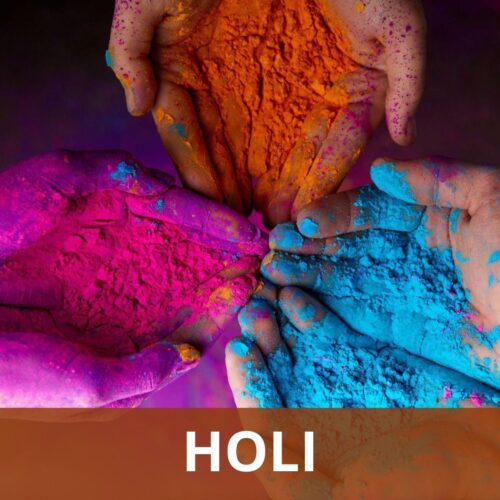 holi colors on 3 set of palms with text holi on bottom with maroon background