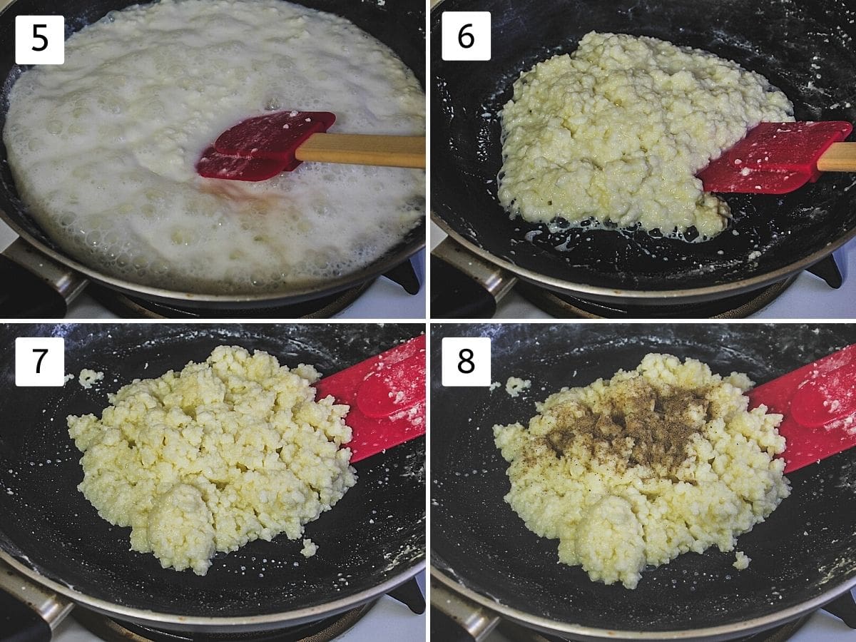 Collage of 4 images showing cooking kalakand mixture, it became thick, more thick and added cardamom.