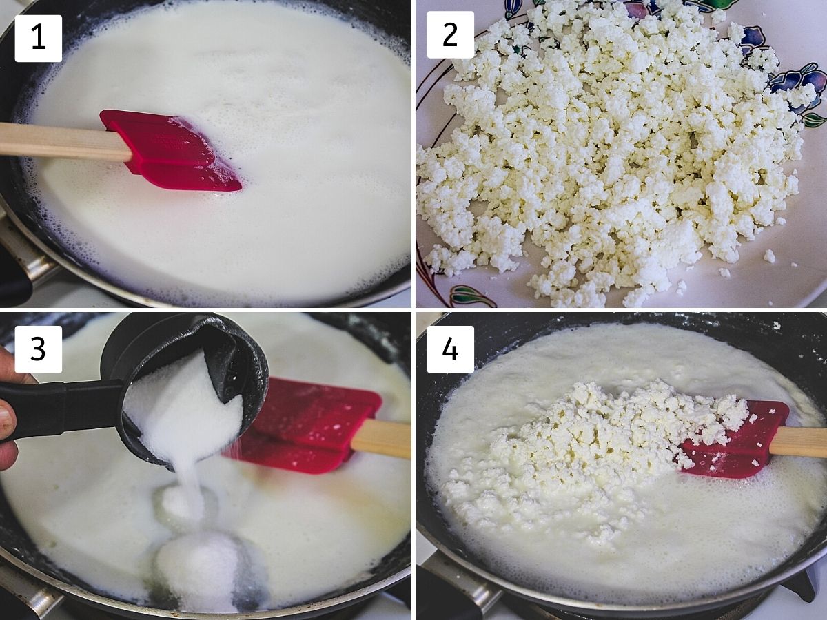 Collage of 4 images showing boiling milk, crumbled paneer, adding sugar, added paneer.