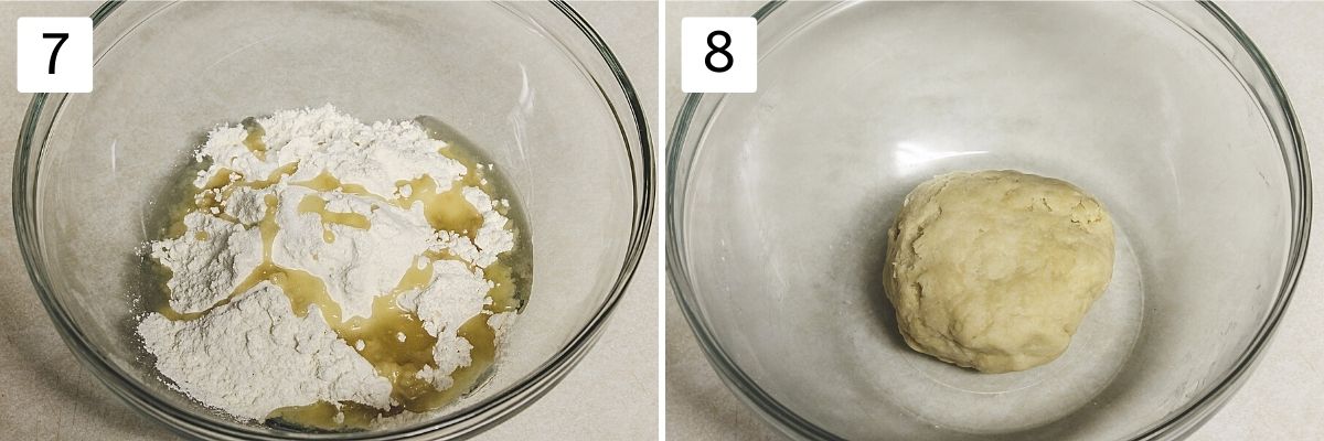 Collage of two images showing flour and oil in a bowl and dough ball.