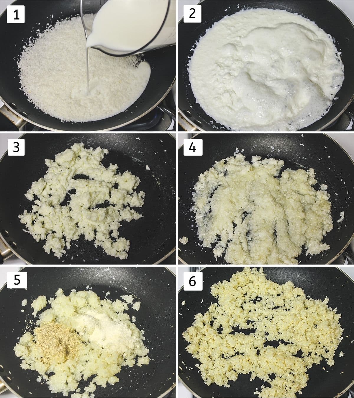 collage of 6 images showing coconut and milk in a pan, cooking, adding sugar, cooking, mixing semolina, poppy seeds