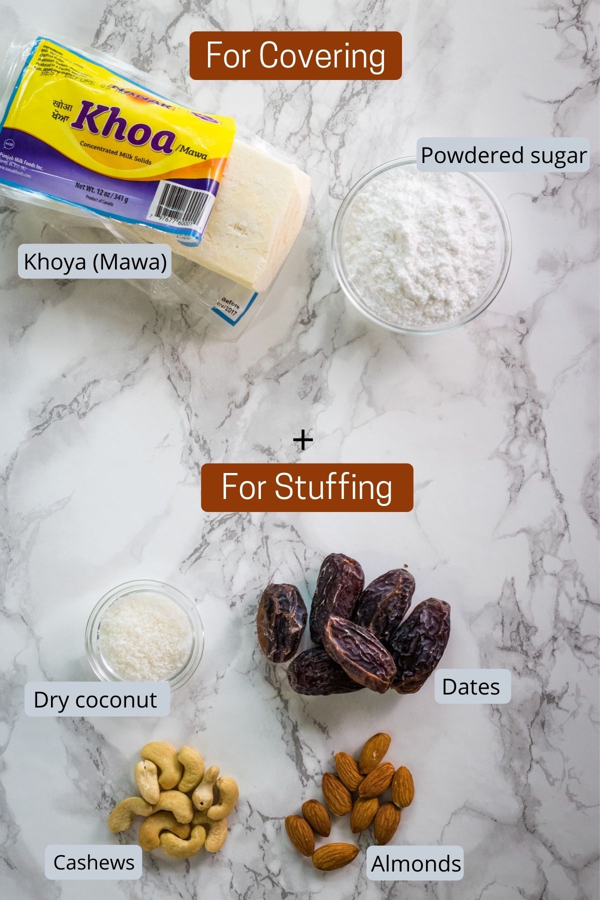 image of ingredients used in mawa modak. shows khoya, sugar, dates, nuts and coconut