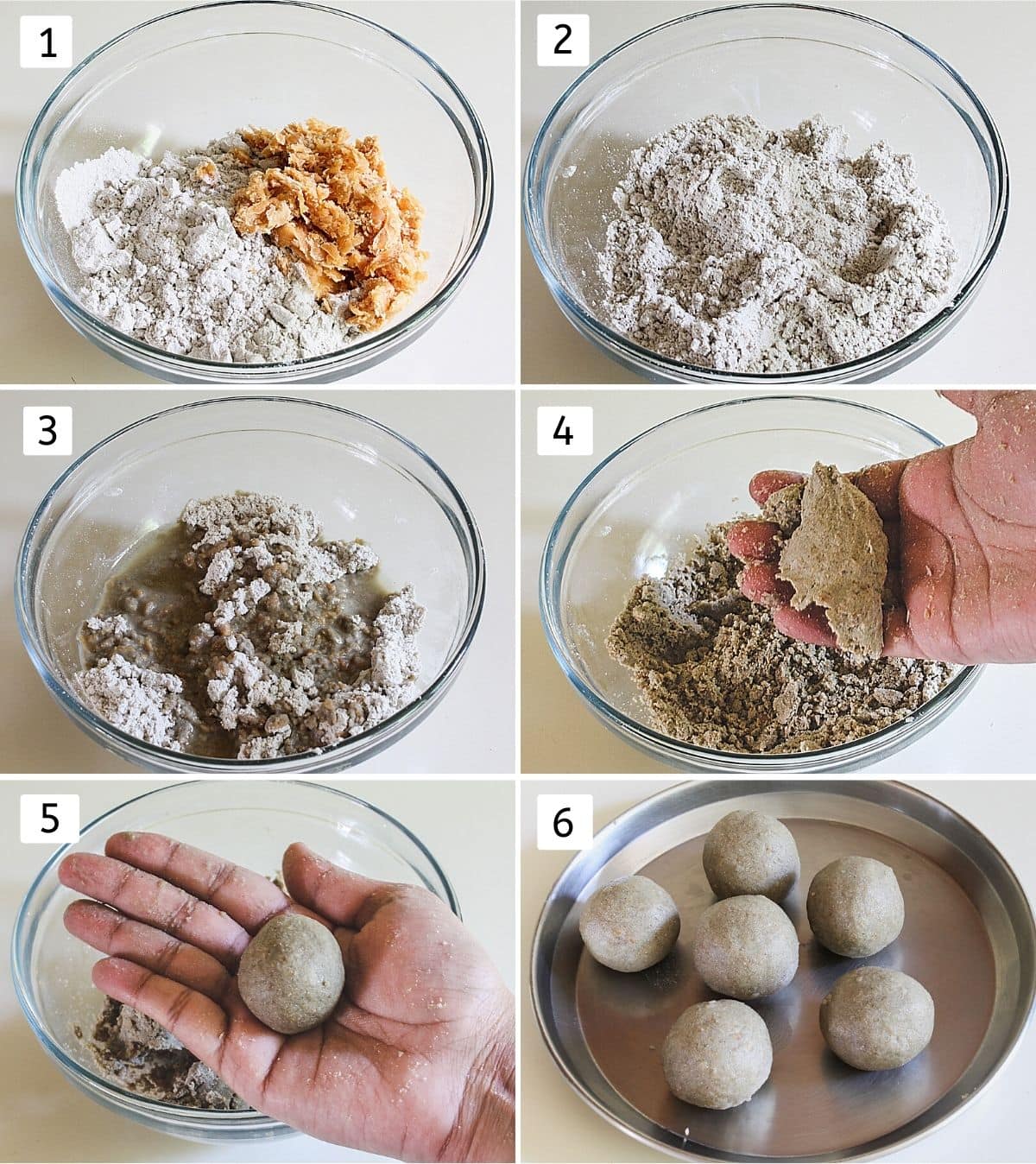 Collage of 6 steps shows adding, mixing bajra flour, jaggery. Adding and mixing ghee, shaping ladoo