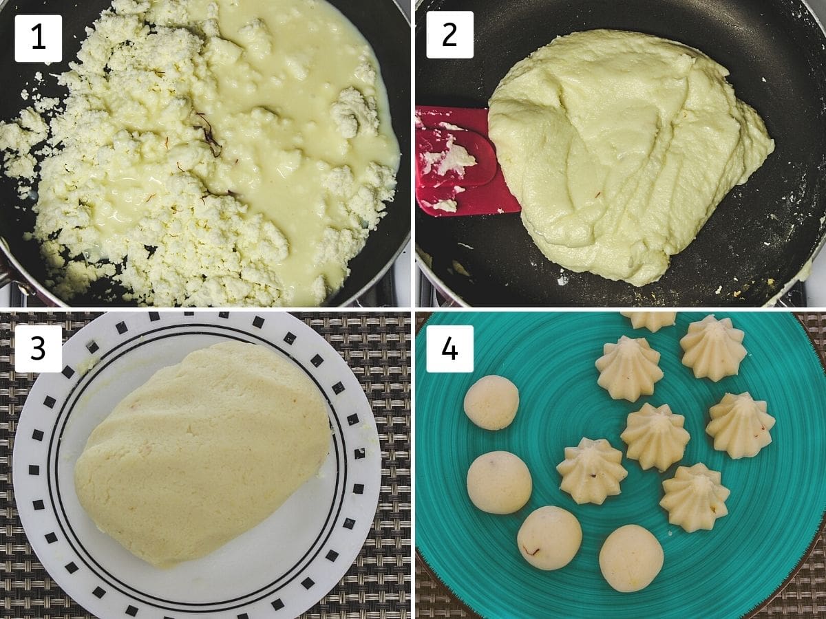 Collage of 4 steps shows adding paneer, condensed milk in a pan, cooking and shaping into modak.