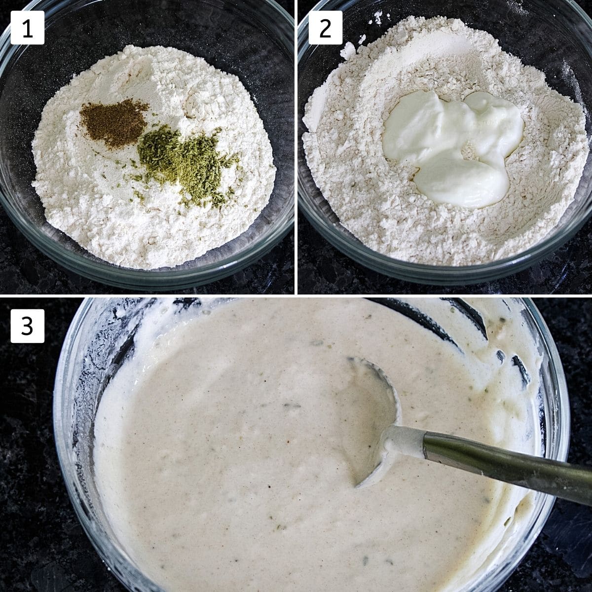 Collage of 3 images showing batter ingredients in a bowl, adding yogurt and final batter pic