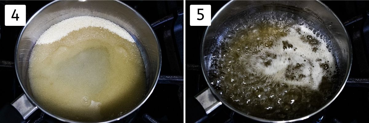 collage of 2 steps showing sugar and water in a pan, boiling syrup