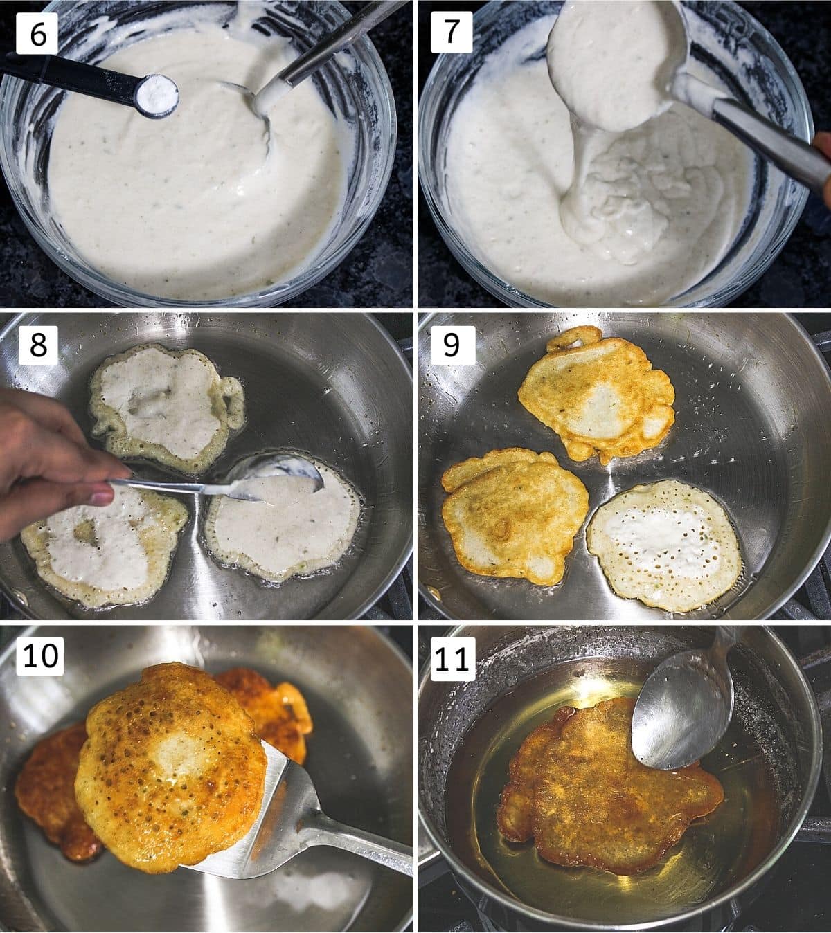 Collage of 6 steps showing adding baking powder, showing the consistency of batter, add ladleful into the ghee, flipped, ready malpua, dunked into syrup